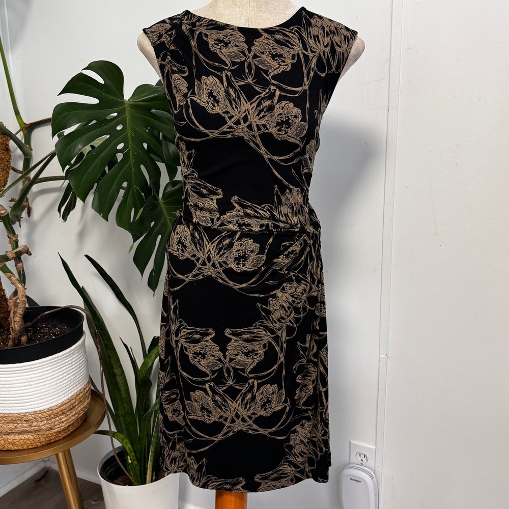 Leifsdottir Sheath Dress Medium Black Tan Floral Ruched Anthropologie Midi